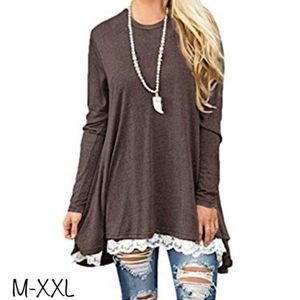 Brown Long Sleeve Lace Hem Tunic Dress